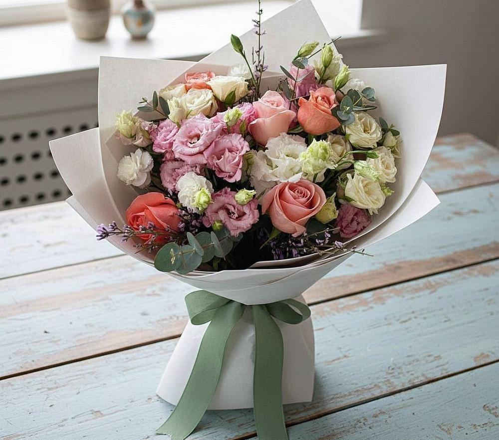 Букет цветов из: Розы, Лизиантусы и Гвоздики в Шумячи